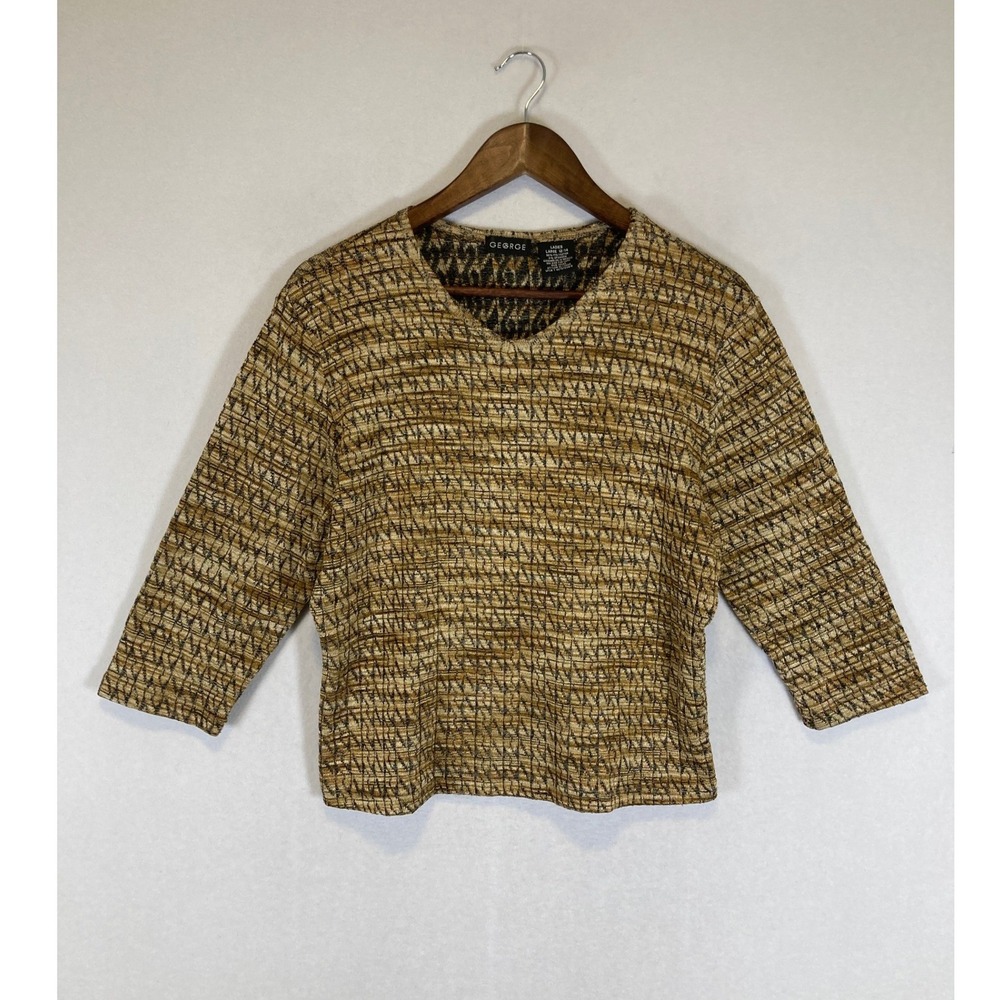 Earth Tone George‎ Womens LG 12/14 Gold Textured V-Neck 3/4 Sleeve Top GL-10228
